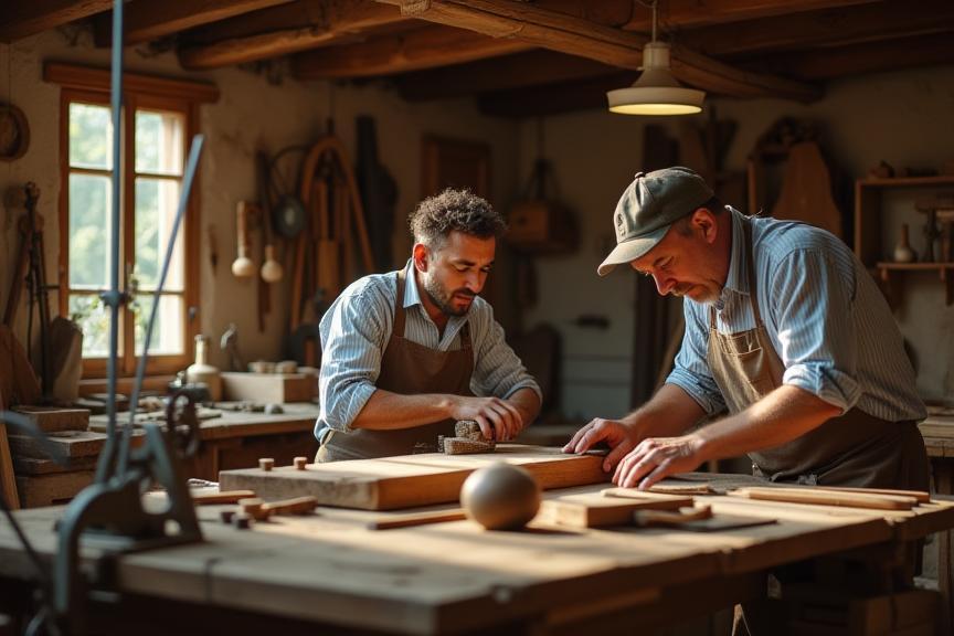 Artisans à l’œuvre dans l’atelier, outils traditionnels et pièces en bois